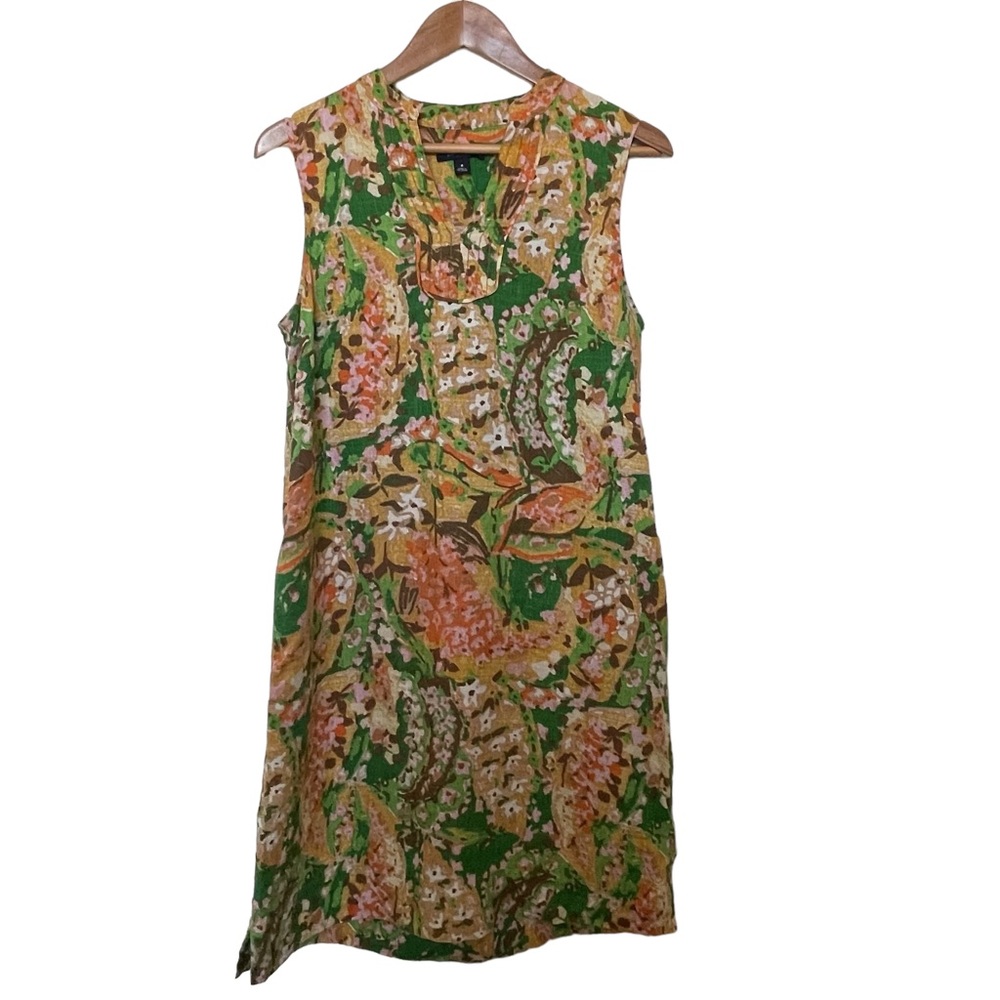 Lands End 100% Linen Shift Dress w/ Pockets. Bright Floral Botanical. Size 8.